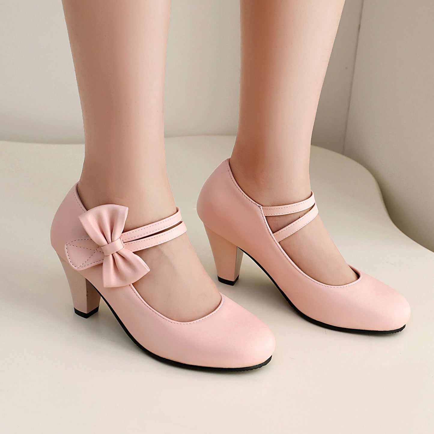 Women’s High Heel Shoes – Dual Strap – Bow Detail – Low-Cut Vamp – Sleek Finish