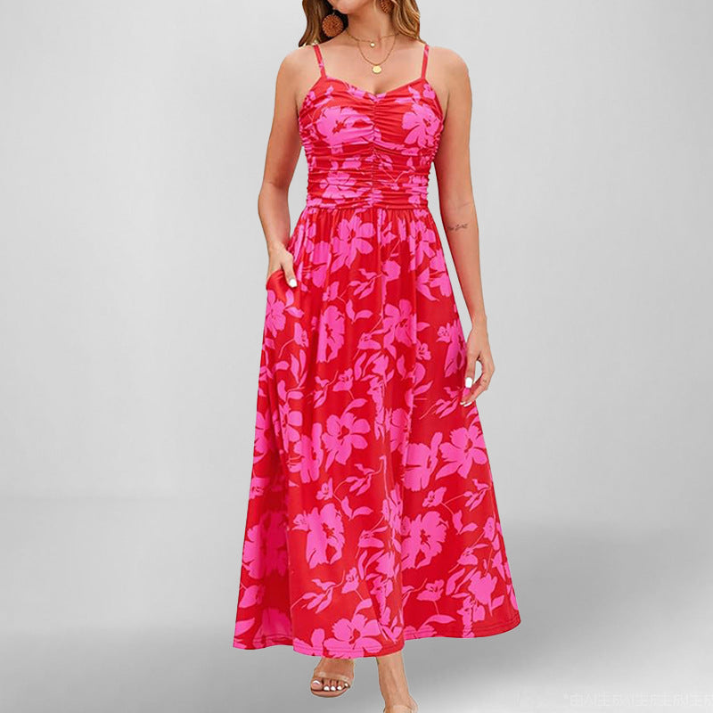 Women’s Sundress – A-Line Fit – Shirred Bodice – Floral Print – Spaghetti Straps – Midi Length – Pockets
