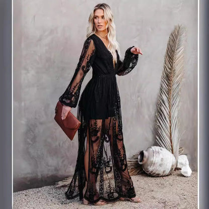 Women’s Long Dress – Lace & Chiffon – Deep V-Neck – Sheer Sleeves – High Slit Fit