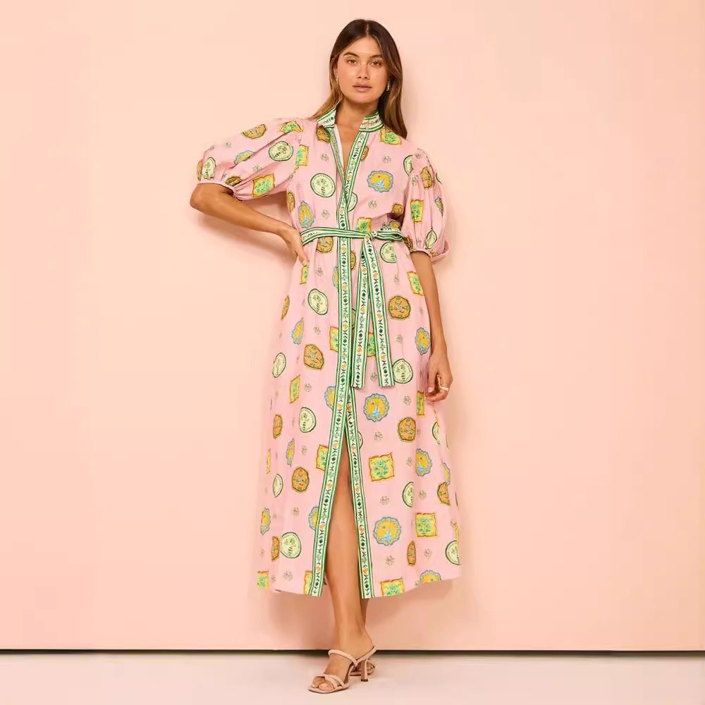 Women’s Midi Dress – Relaxed Fit – Lantern Sleeve – Button Down – Tie Waist – Graffiti Print