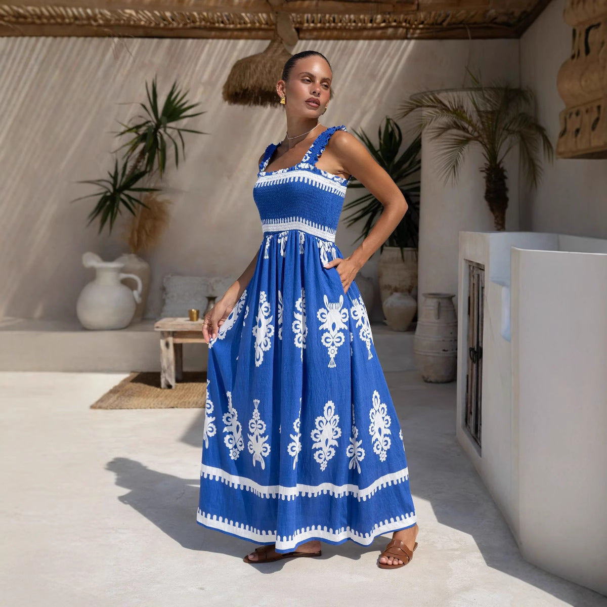 Women’s Sundress – Breathable Cotton – Ruched Bodice – A-Line Fit – Ankle Length