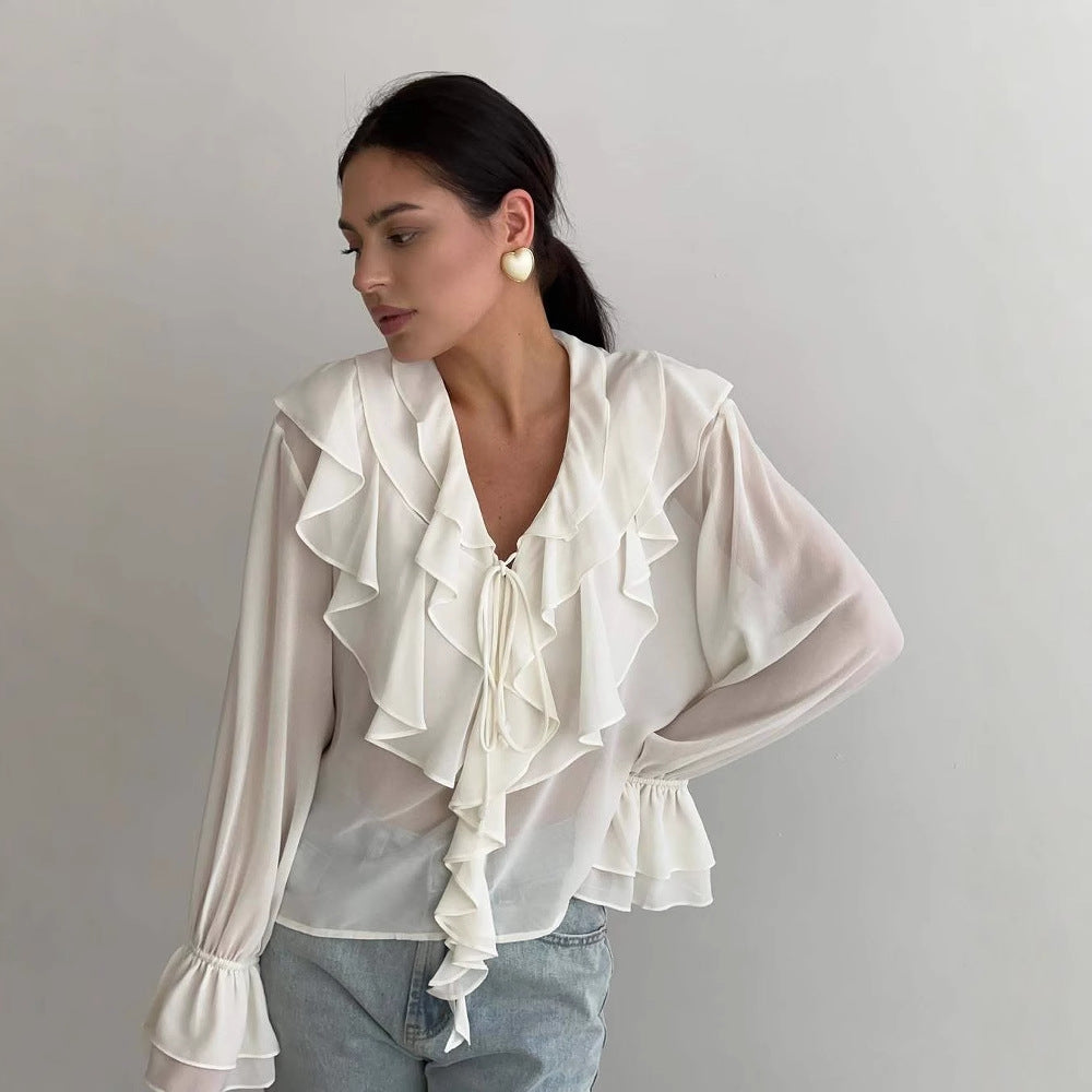 Women’s Blouse – Ruffle V-Neck – Relaxed Fit Long Sleeve