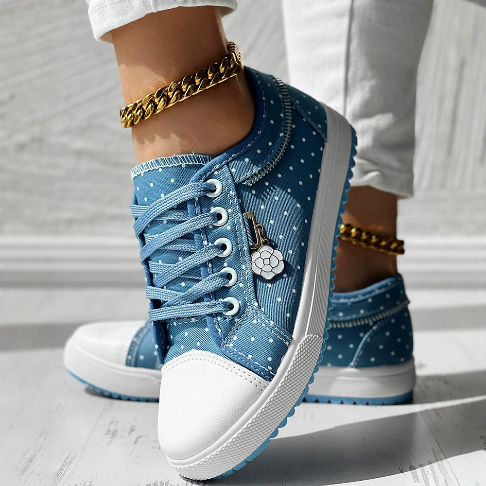 Women’s Canvas Sneakers – Low Top – Lace Up – Polka Dot Print – Rubber Toe Cap
