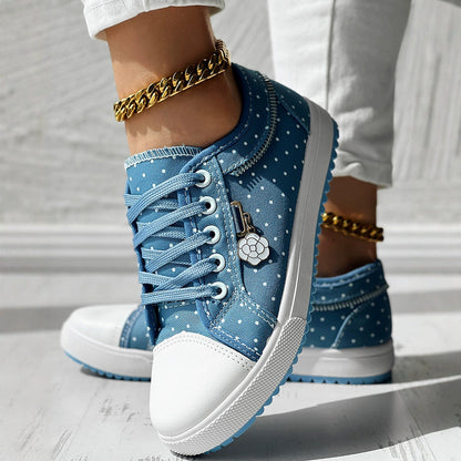 Women’s Canvas Sneakers – Low Top – Lace Up – Polka Dot Print – Rubber Toe Cap