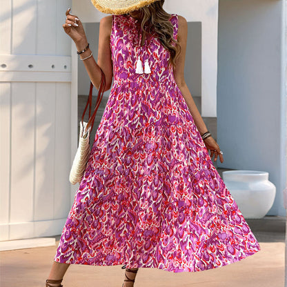 Women’s Midi Dress – Lightweight Cotton – Sleeveless – V-Neck Tiered A-Line Fit