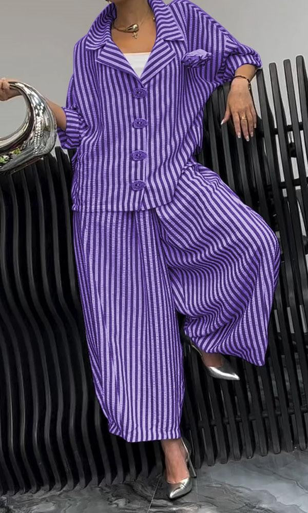 Women’s Two-Piece Set – Relaxed Fit – Cotton Blend – Striped – Notched Lapel – Button Front