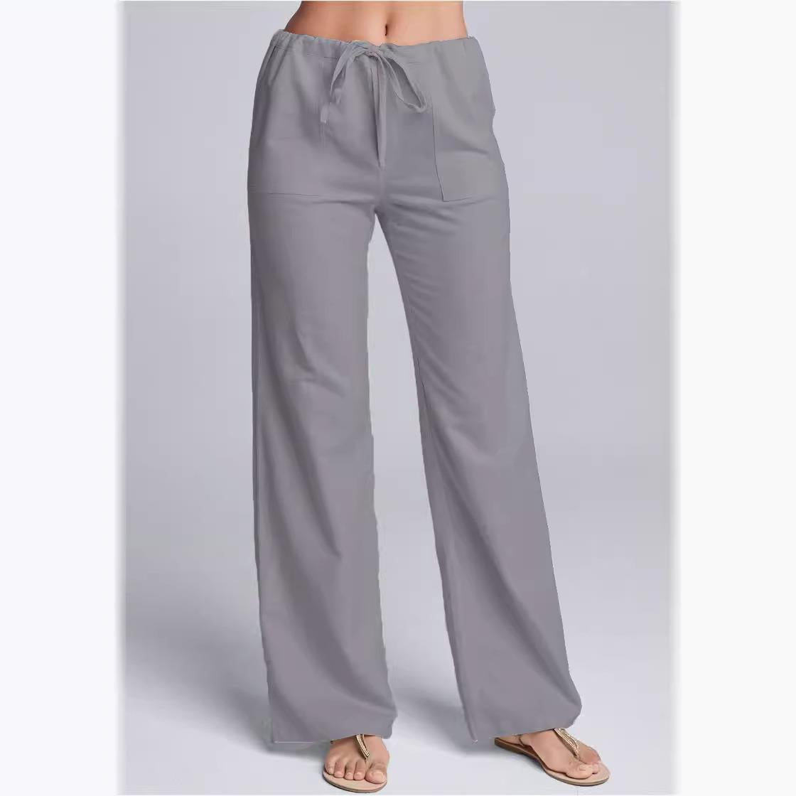 Women’s Wide Leg Pants – Cotton Linen Blend – Drawstring Waist – Full Length Relaxed Fit