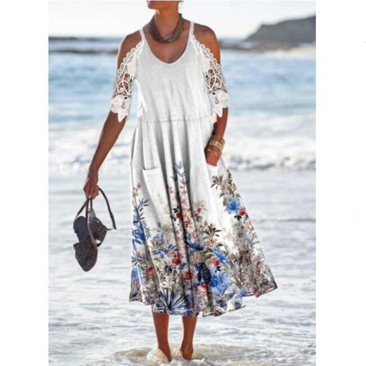 Women’s Maxi Dress – Flowing Fit – Lace Sleeves – Cold Shoulder – Breathable Blend – Floral Hem – Pockets