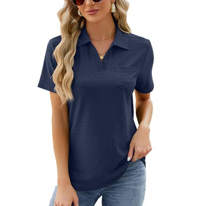 Women’s Polo Shirt – Relaxed Fit – Textured Knit – Open Collar – Chest Pocket