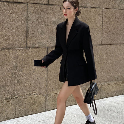 Women’s Blazer – Slim Fit – Waist Tie – V-Neck – Mid-Length – Long Sleeve Tailored