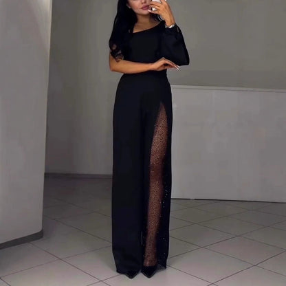 Women’s Jumpsuit – Slim Fit – Asymmetrical Neckline – Sequin Leg Panel – Full Length