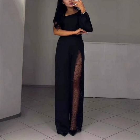 Women’s Jumpsuit – Slim Fit – Asymmetrical Neckline – Sequin Leg Panel – Full Length