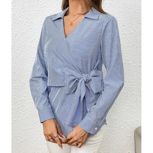 Women’s Wrap Shirt – Slim Fit – Knot Waist – Vertical Stripes – Cotton Feel – Long Sleeve