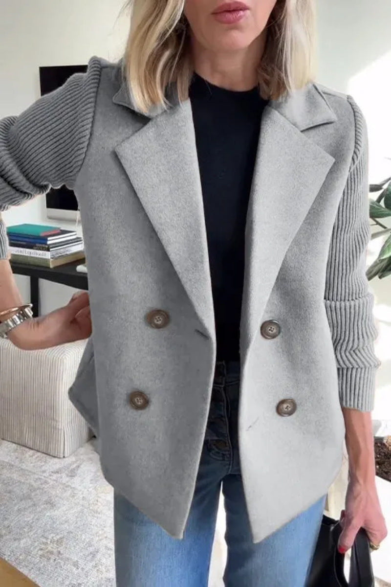 Women’s Blazer – Oversized Fit – Double-Breasted – Soft Knit Sleeves – Hip Length