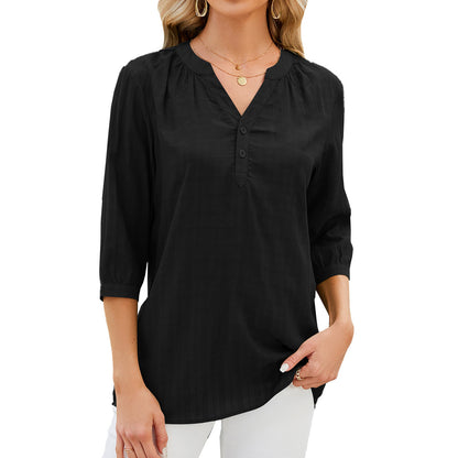 Women’s Blouse – Relaxed Fit – Cotton Blend – 3/4 Sleeve – Button Front