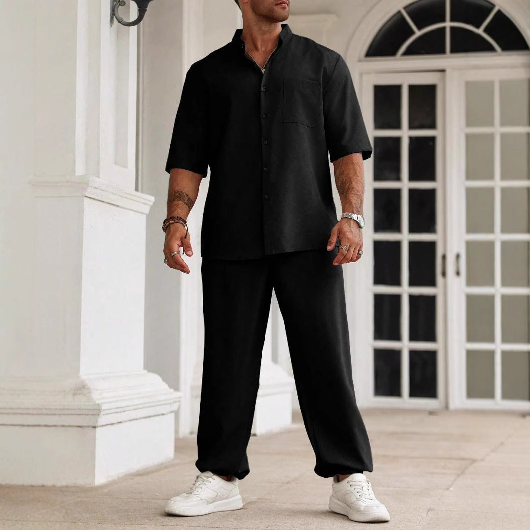 Men's Casual Set – Cotton Linen Blend – Relaxed Fit – Short Sleeve Shirt & Pants