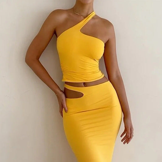 Women’s Two-Piece Skirt Set – Slim Fit – One Shoulder Top – High Waist Midi Skirt – Cut-Out