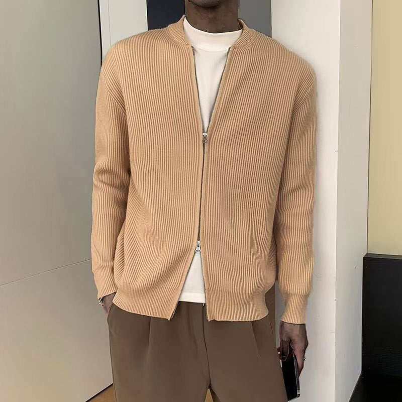 Men’s Cardigan – Ribbed Knit – Double Zipper – Relaxed Fit – Long Sleeve Layering