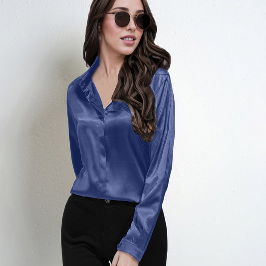 Women’s Blouse – Satin Finish – Relaxed Fit – Long Sleeve V-Neck Button-Down