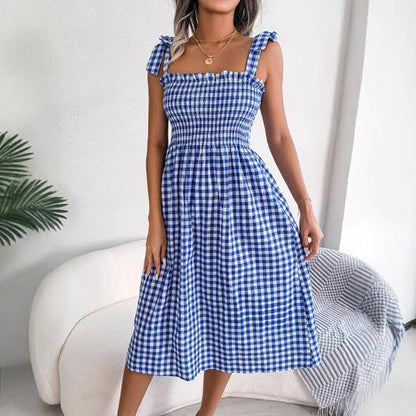 Women’s Sundress – Checked Pattern – Smocked Bodice – Bow Strap – Midi Slim Fit