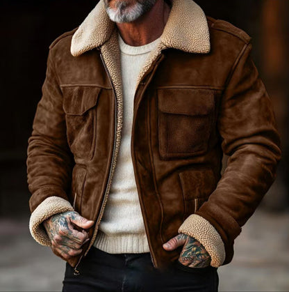Men’s Shearling Jacket – Suede-Like Finish – Structured Fit – Zip Front – Flap Pockets