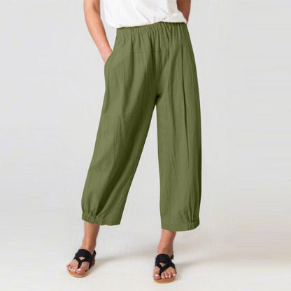 Women’s Harem Pants – Cotton Linen Blend – High Waist – Cropped Loose Fit – Elastic Waistband