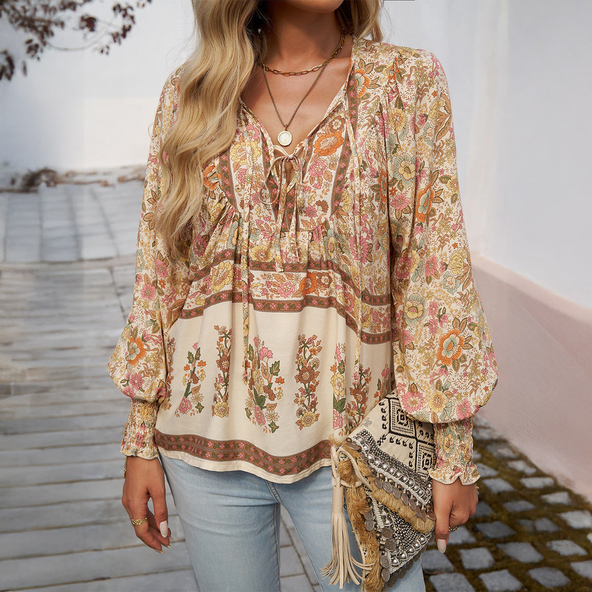 Women’s Blouse – Relaxed Fit – Tie Neck – Long Sleeve – Boho Floral Print