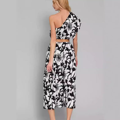 Women’s Jumpsuit – One Shoulder – Waist Cut-Out – Wide Leg – Cotton Blend – Cropped