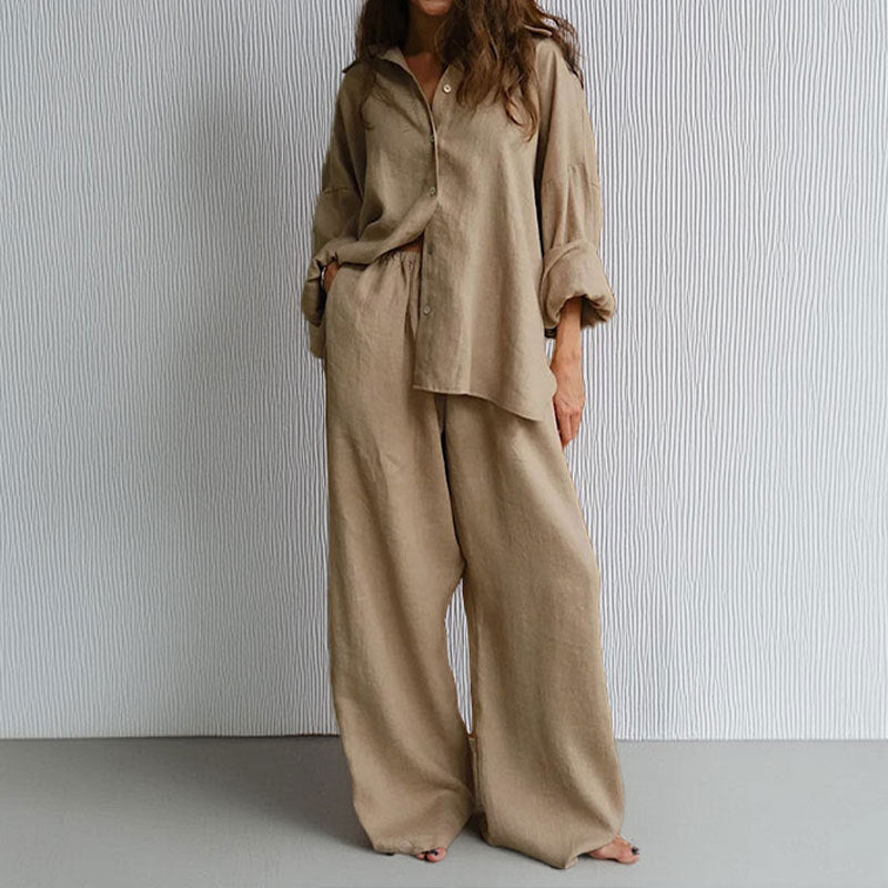 Women’s Two-Piece Set – Linen Blend – Oversized Fit – Button-Down Shirt & Wide-Leg Pants