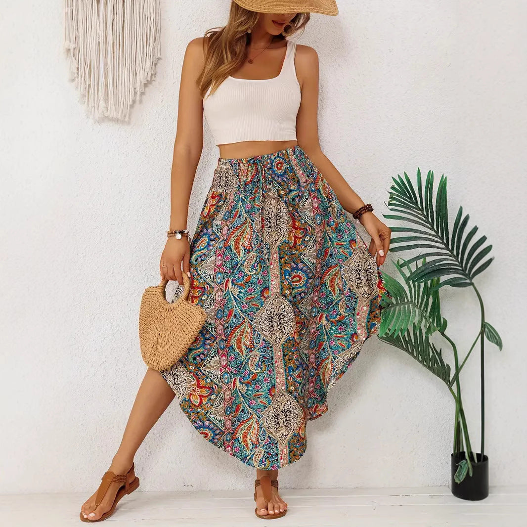 Women’s Midi Skirt – Flowing A-Line – Exotic Print – Drawstring Waist – Natural Fibers