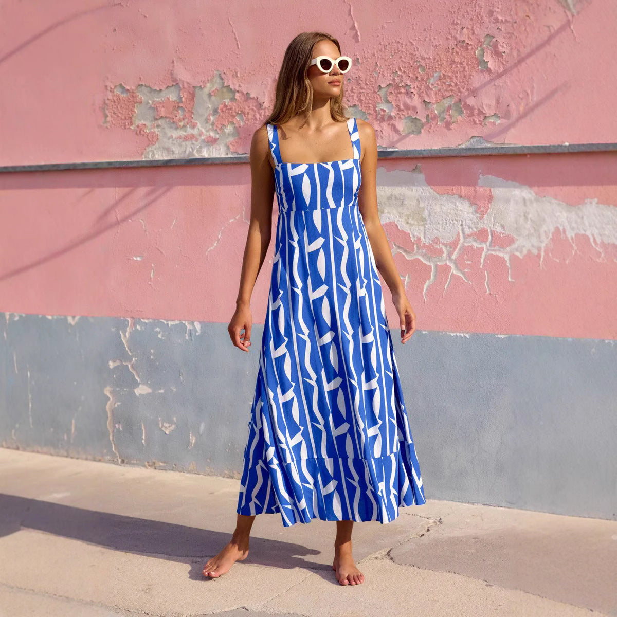 Women’s Long Dress – A-Line Fit – Abstract Print – Square Neck – Breathable Fabric