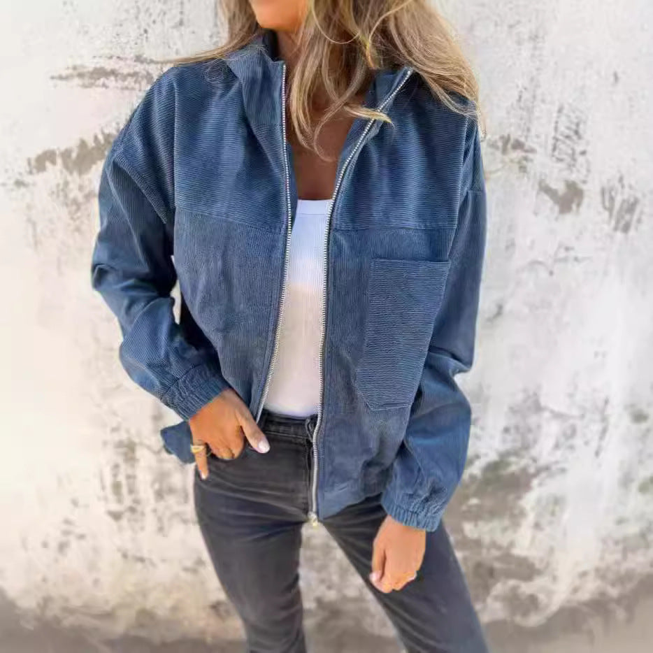 Women’s Hooded Jacket – Relaxed Fit – Corduroy Look – Zip Front – Casual Everyday Wear