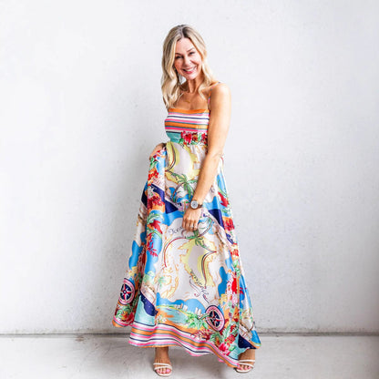 Women’s Sundress – A-Line Fit – High Waist – Cotton Blend – Spaghetti Straps – Full Length