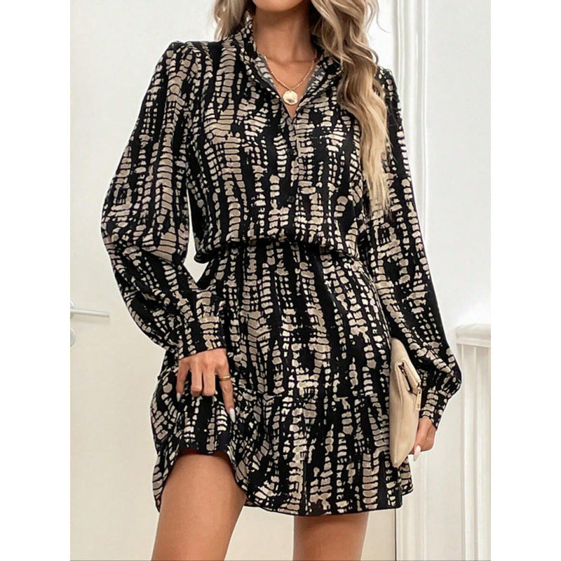 Women’s Midi Dress – Relaxed Fit – Abstract Print – Button-Up Collar – Long Sleeves