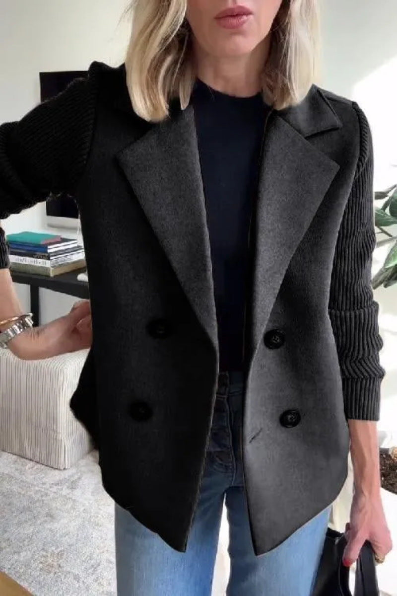 Women’s Blazer – Oversized Fit – Double-Breasted – Soft Knit Sleeves – Hip Length
