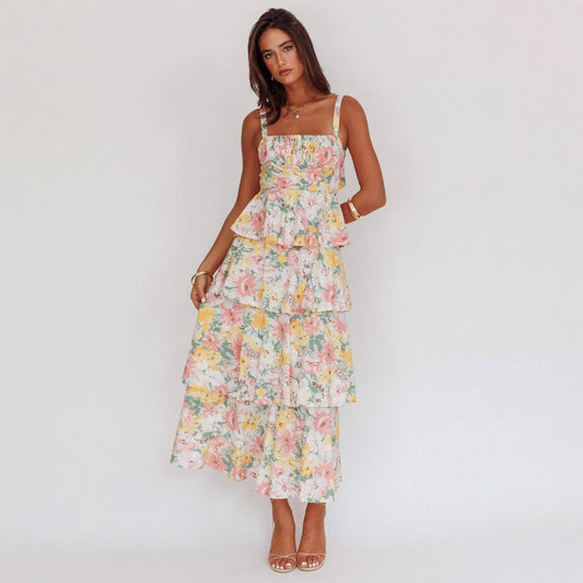 Women’s Midi Dress – Slim Fit Bodice – Tiered Ruffled Skirt – Sleeveless Floral Print