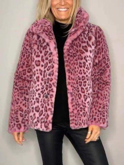 Women’s Coat – Faux Fur – Oversized Fit – Leopard Print – Notched Collar – Casual Style
