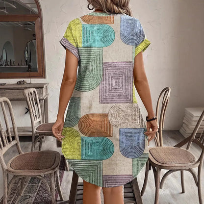 Women’s V-Neck Dress – Relaxed Fit – Button Front – Short Sleeve – Bold Geometric Print
