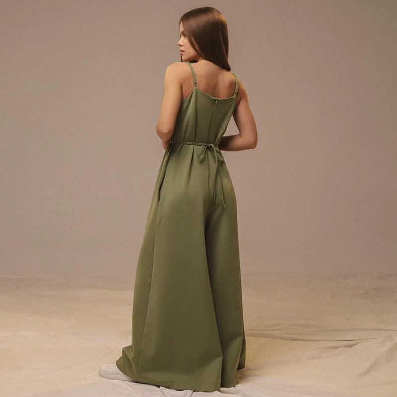 Women’s Jumpsuit – Linen Blend – Loose Fit – Wide Leg – Sleeveless Tie Waist