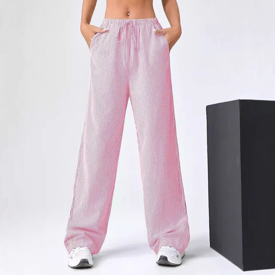 Women’s Straight-Leg Pants – Drawstring Waist – Breathable Cotton – Full Length – Striped