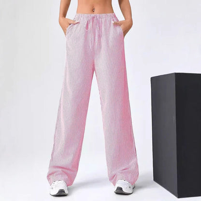 Women’s Straight-Leg Pants – Drawstring Waist – Breathable Cotton – Full Length – Striped