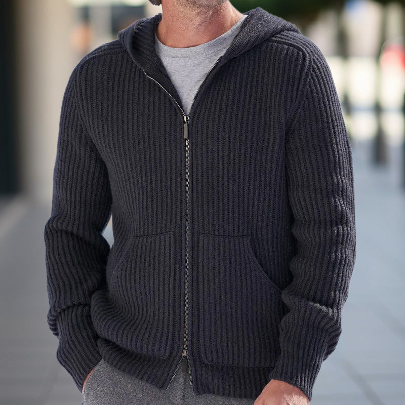 Men’s Knit Cardigan – Hooded – Relaxed Fit – Ribbed Texture – Long Sleeve Casual Wear