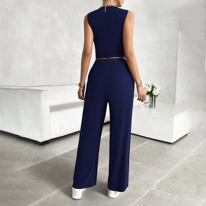 Women’s 2-Piece Set – Sleeveless Crop Top – Wide-Leg Pants – Lightweight Cotton Blend