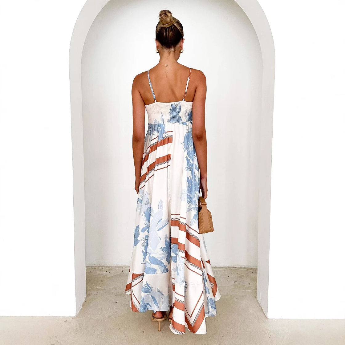 Women’s Maxi Dress – A-Line Fit – Floral Print – Backless – Cotton Spaghetti Straps
