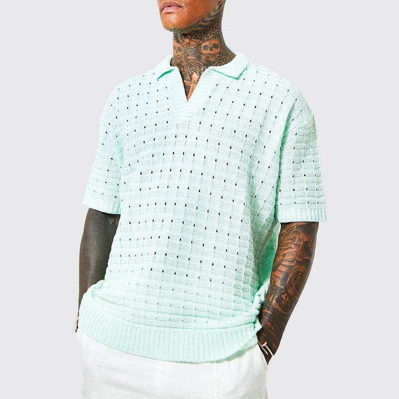 Men’s Knit Polo Shirt – Relaxed Fit – V-Neck – Short Sleeve – Breathable Ribbed Hem