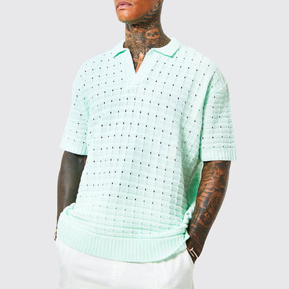 Men’s Knit Polo Shirt – Relaxed Fit – V-Neck – Short Sleeve – Breathable Ribbed Hem