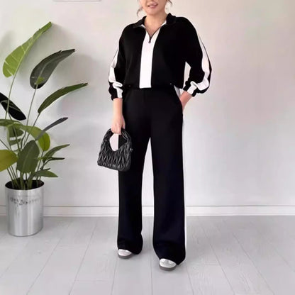 Women’s Two-Piece Set – Zip Collar Top & Wide-Leg Pants – Relaxed Fit Casual Wear
