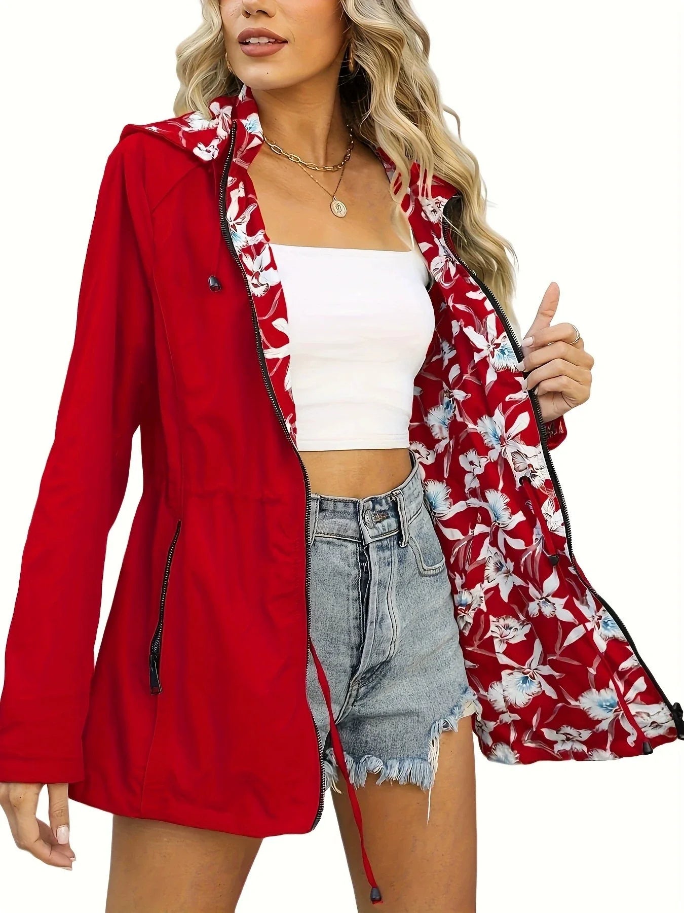 Women’s Windbreaker Jacket – Slim Fit – Waterproof – Hooded – Zip Front – Drawstring Waist