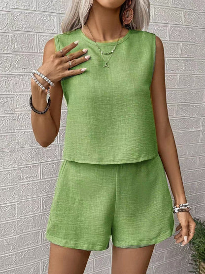 Women’s Matching Set – Sleeveless Top and Shorts – Relaxed Fit – Lightweight Woven