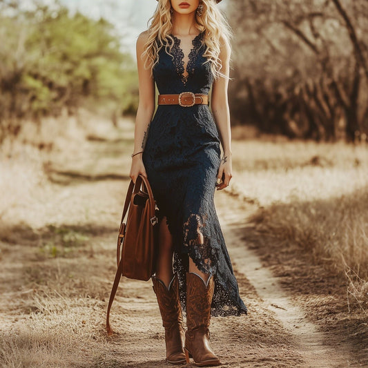 Women's Maxi Dress - Lace - Fitted Bodice - Deep V-Neckline - Scalloped Edges